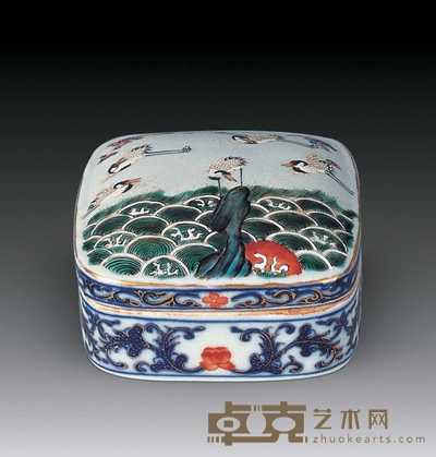 民国 青花粉彩云鹤方印盒 8×8cm